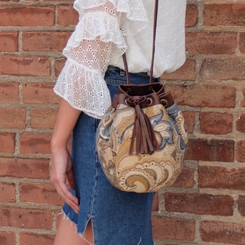 Jacquard paisley and leather handbag